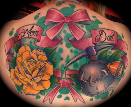 Brent Olson - Mom and Dad Color Backpiece Brent Olson Art Junkies Tattoo